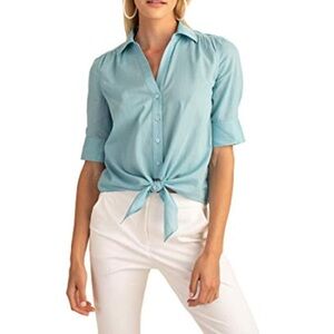 Trina Turk Makana Cotton Shirt Saltwater Blue Tie Front Top Size M Medium